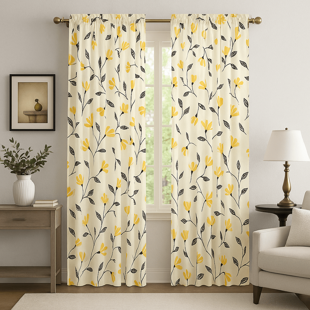 DaDa Bedding Set of 2 Botanical Floral Window Curtain Panels - Natural Semi Sheer Yellow Fleur Golden Orange Spring Time Tulips Straight Tailored Edge-0