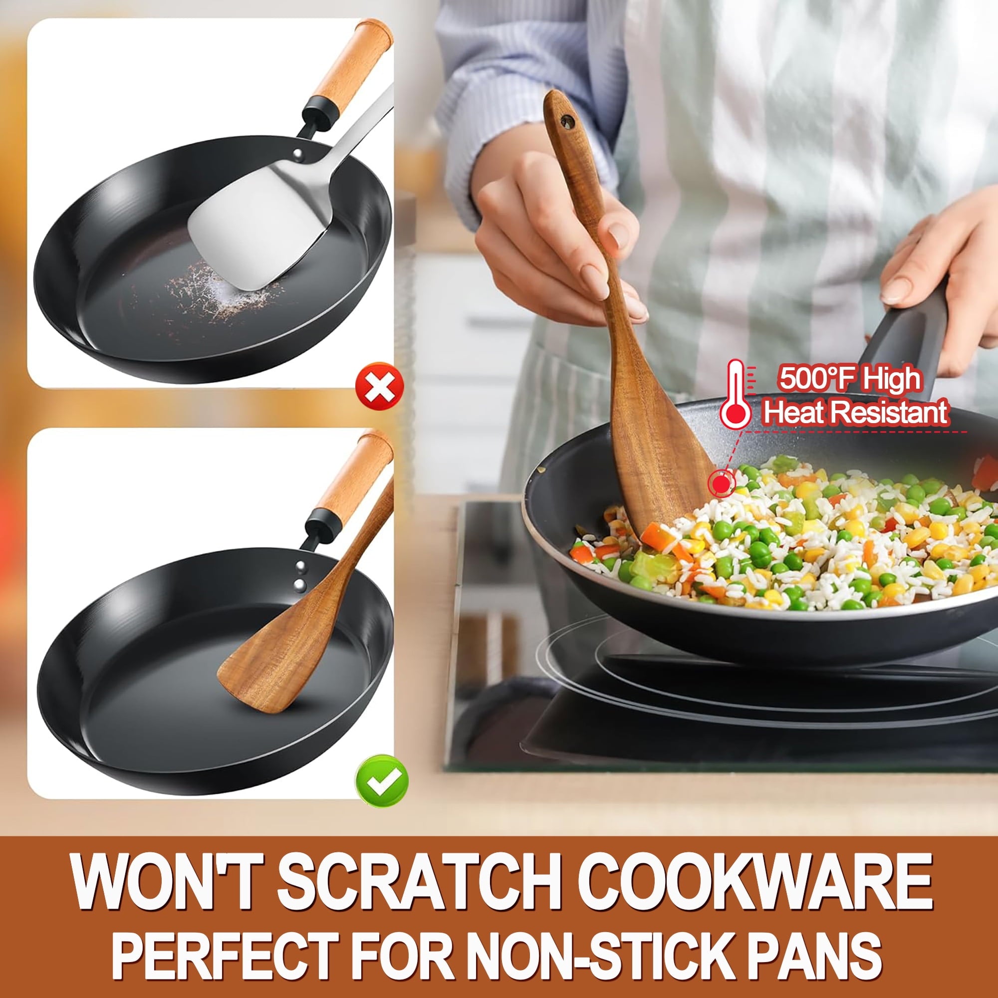 Wooden Spoons for Cooking, 9 Pcs Natural Teak Kitchen Utensil Set with Utensils Holder & Spoon Rest, Wooden Cooking Utensils for Nonstick Pans & Cookware