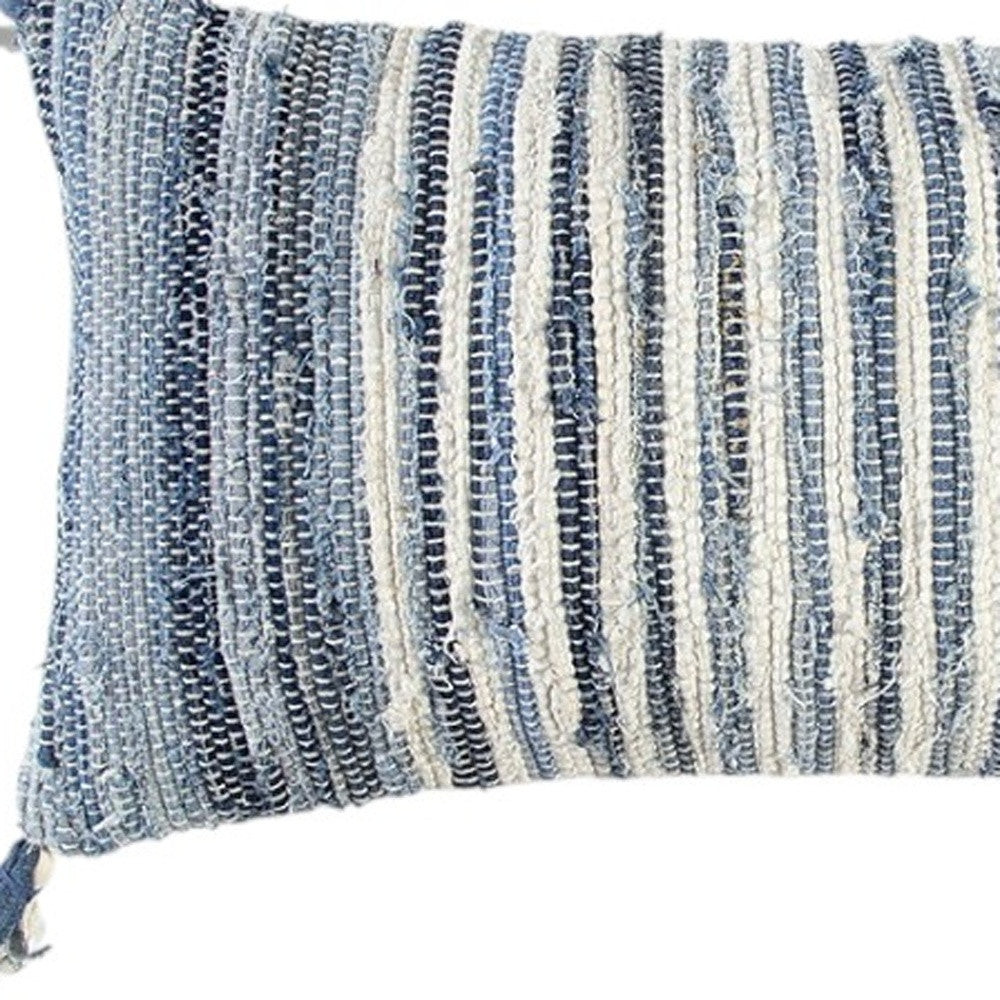 Denim Blue Ivory Cotton Throw Pillow with Tassels