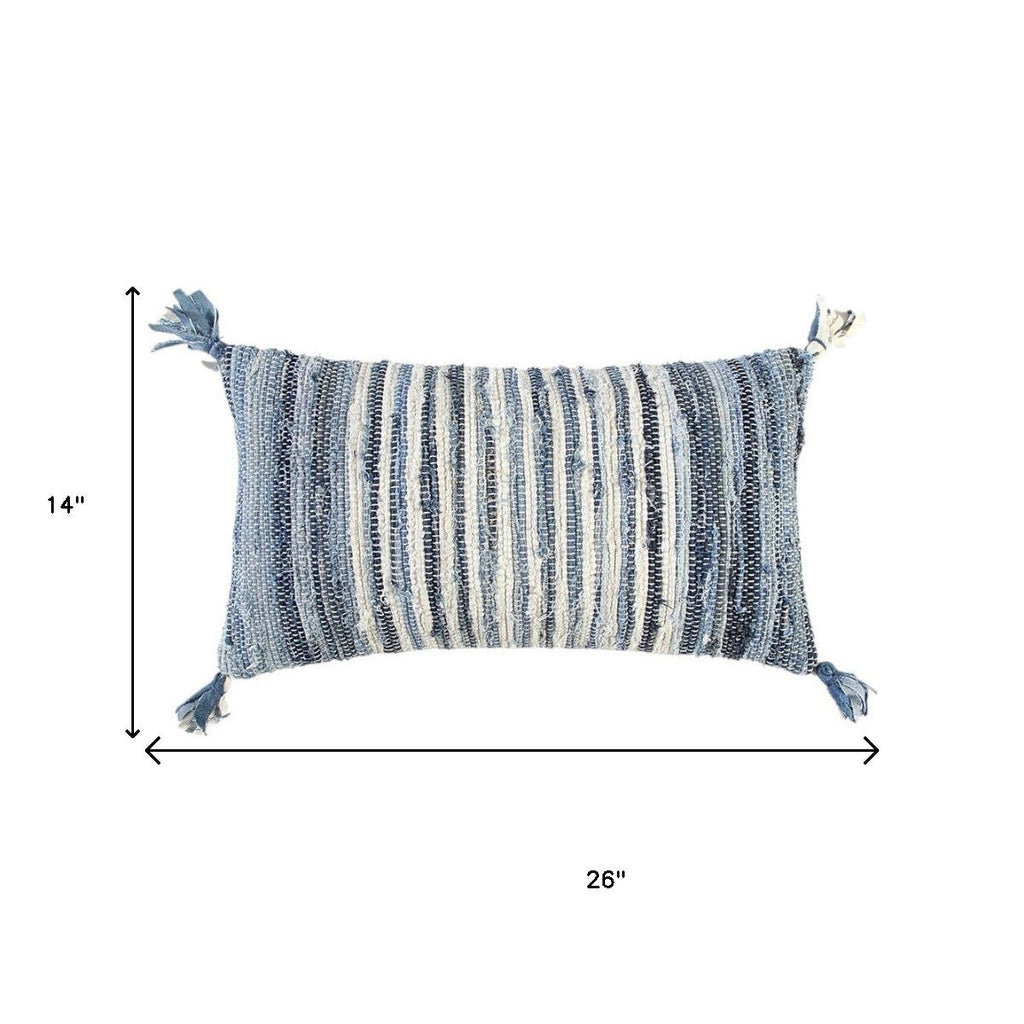 Denim Blue Ivory Cotton Throw Pillow with Tassels