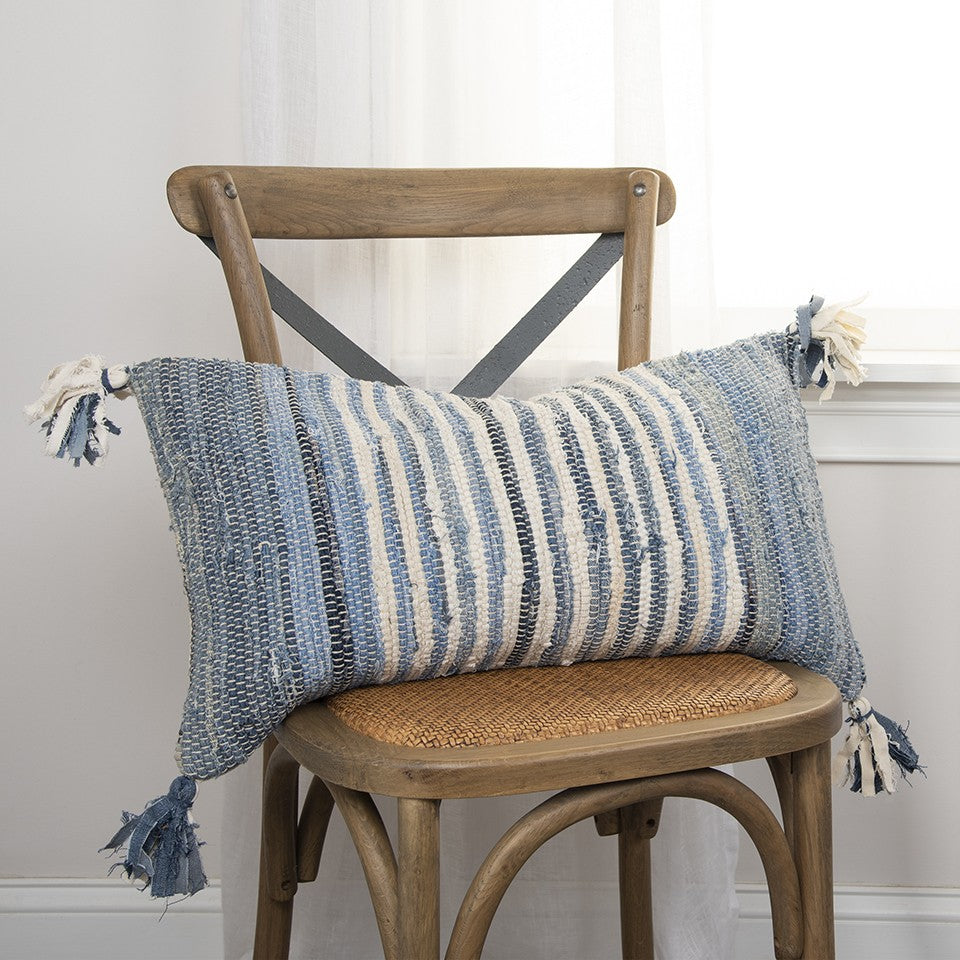 Denim Blue Ivory Cotton Throw Pillow with Tassels