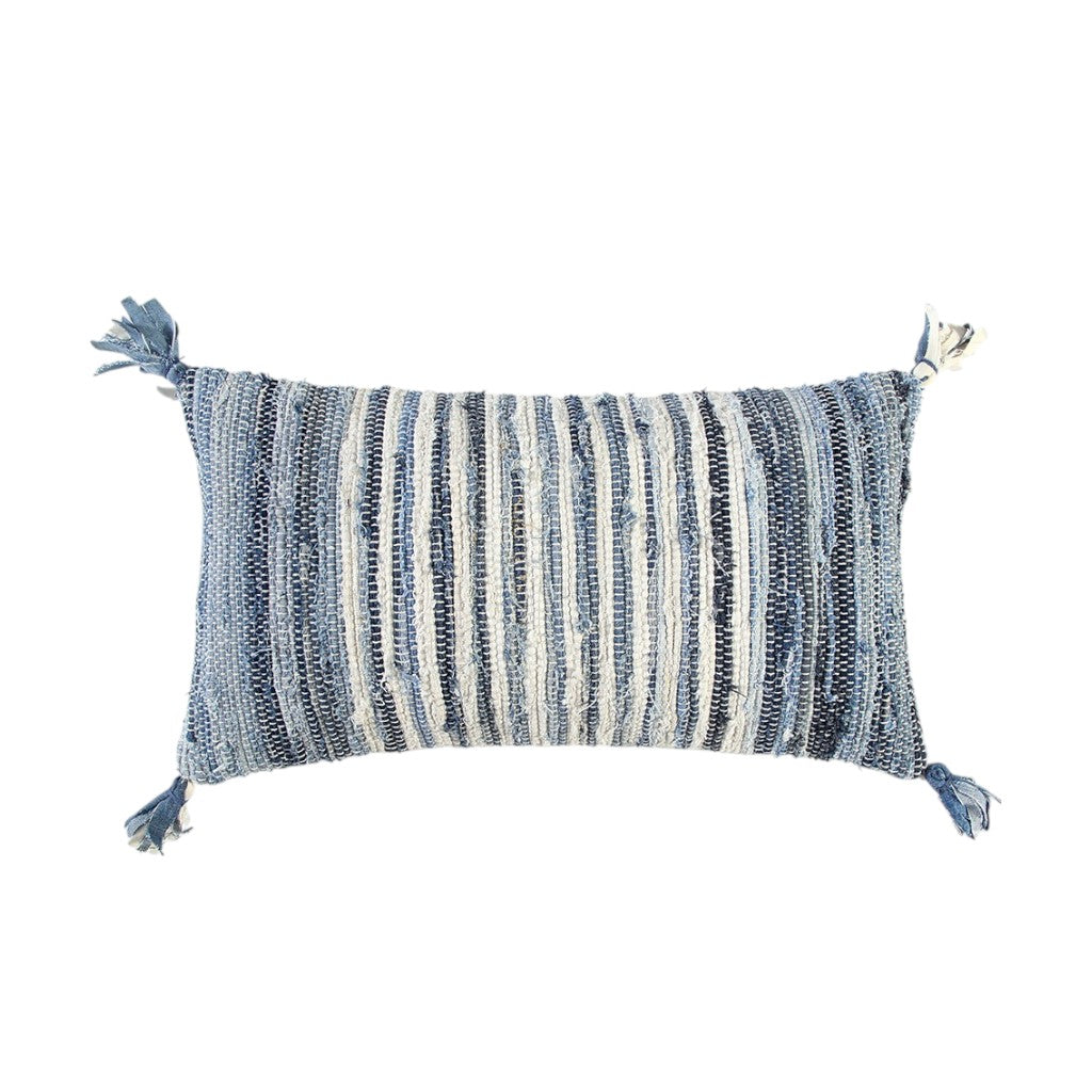 Denim Blue Ivory Cotton Throw Pillow with Tassels