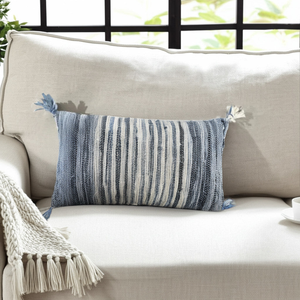 Denim Blue Ivory Cotton Throw Pillow with Tassels