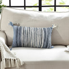 Denim Blue Ivory Cotton Throw Pillow with Tassels