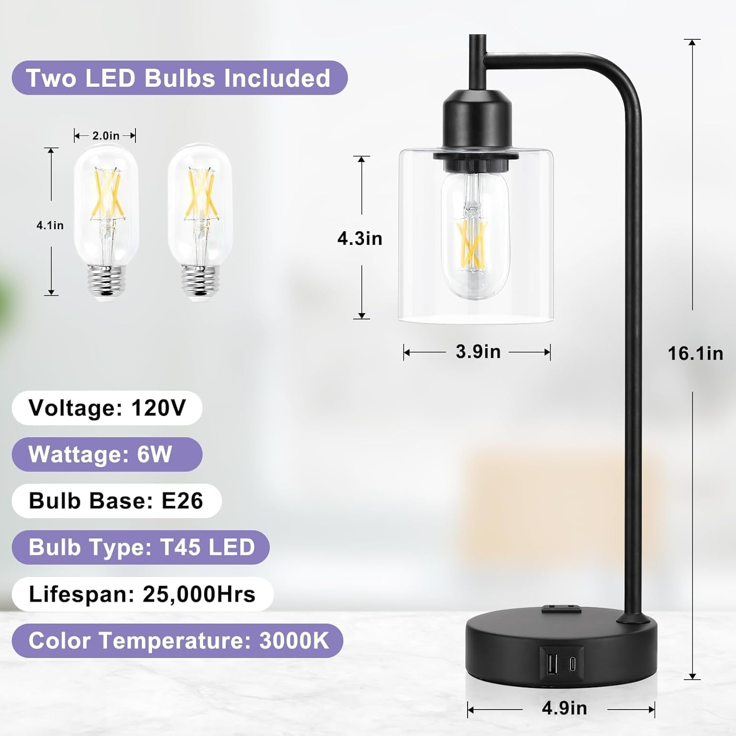 Industrial Touch Table Lamps Bundle Black 3 Way Dimmable USB-3