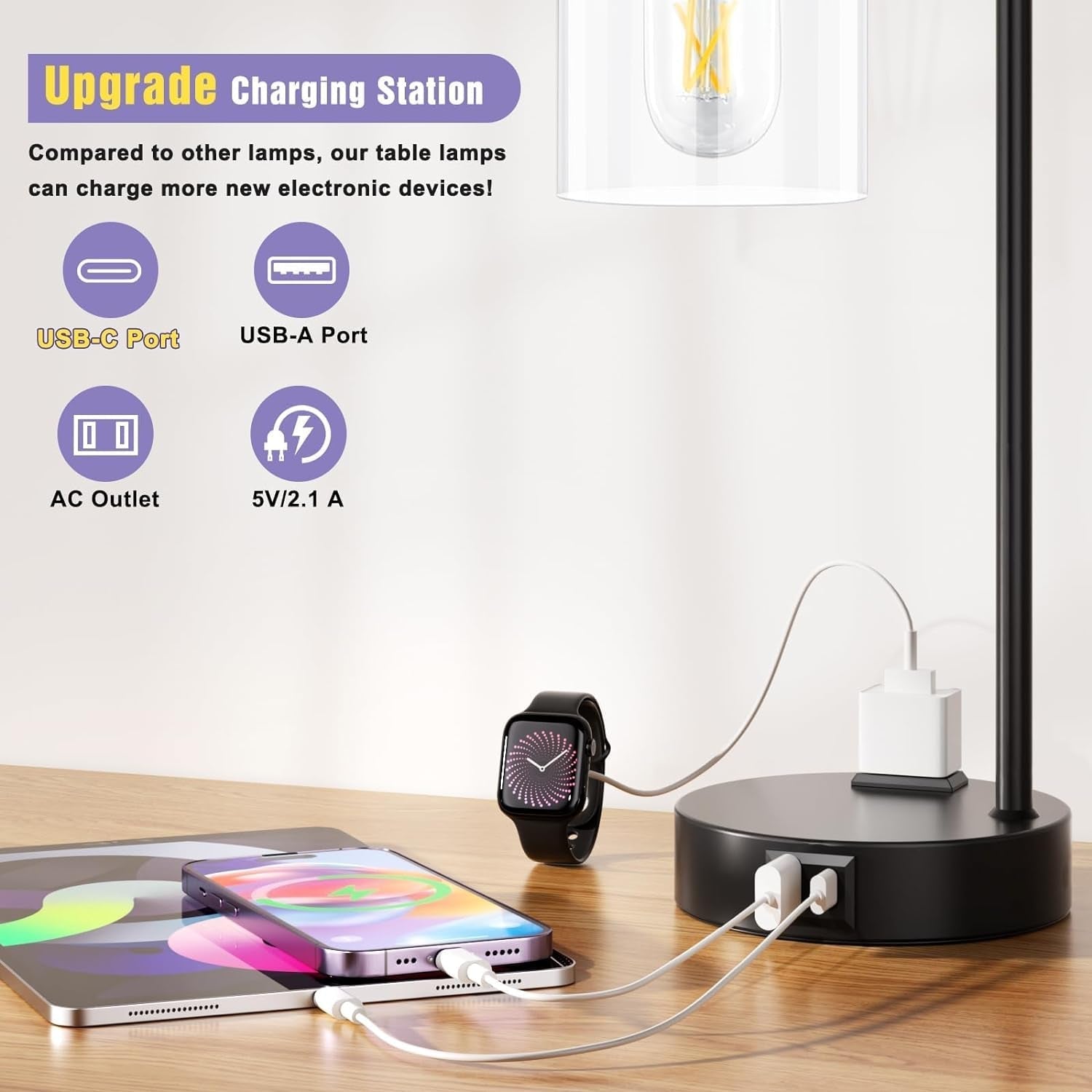 Industrial Touch Table Lamps Bundle Black 3 Way Dimmable USB-1