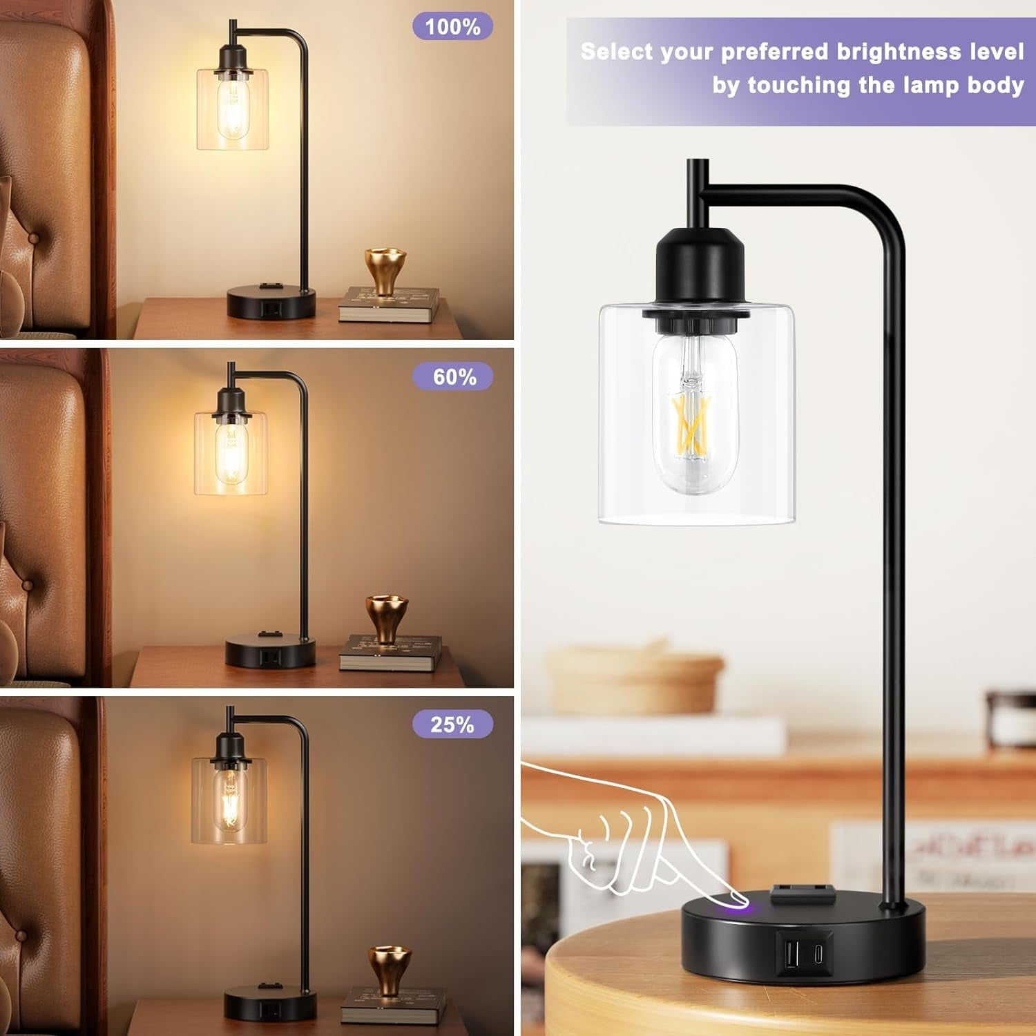 Industrial Touch Table Lamps Bundle Black 3 Way Dimmable USB-2