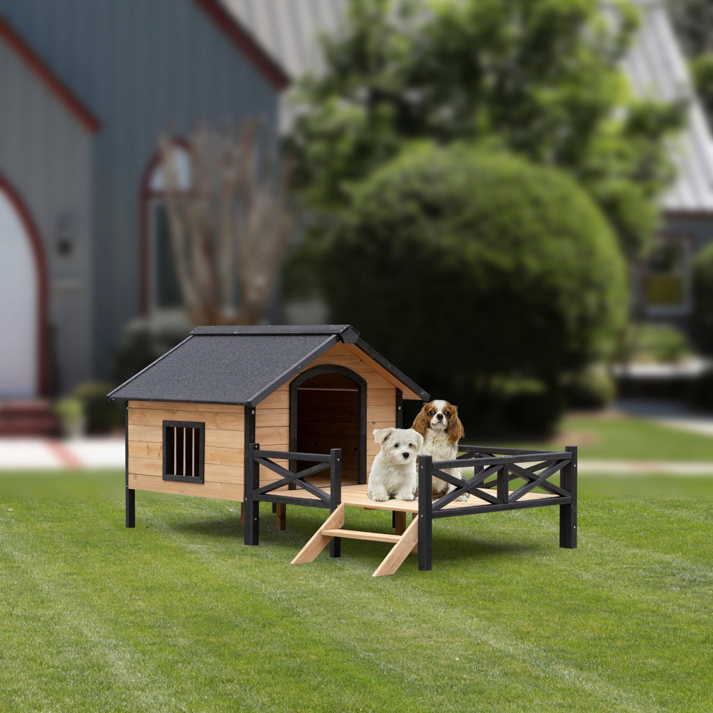 Large Wooden Dog House with Porch: Durable Outdoor Kennel for Dogs