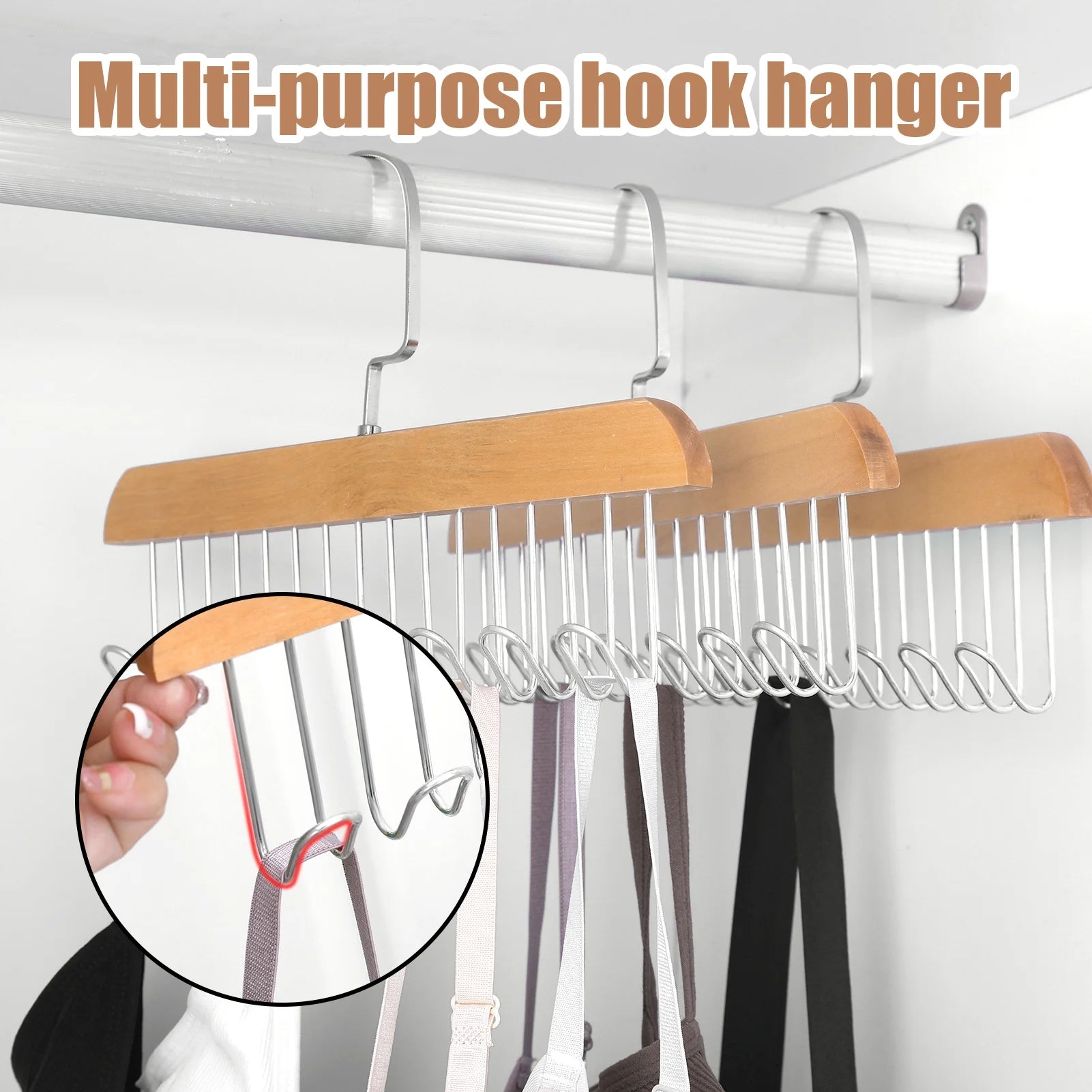3 Pack Belt and Bra Hangers with Hooks,Space Saving Bra Hangers for Closet and Laundry,360 Degree Rotating Wooden Tie Hanger with 8 Hooks for Tank Top,Jeans,Scarf(Nature)
