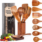 Wooden Spoons for Cooking, 9 Pcs Natural Teak Kitchen Utensil Set with Utensils Holder & Spoon Rest, Wooden Cooking Utensils for Nonstick Pans & Cookware