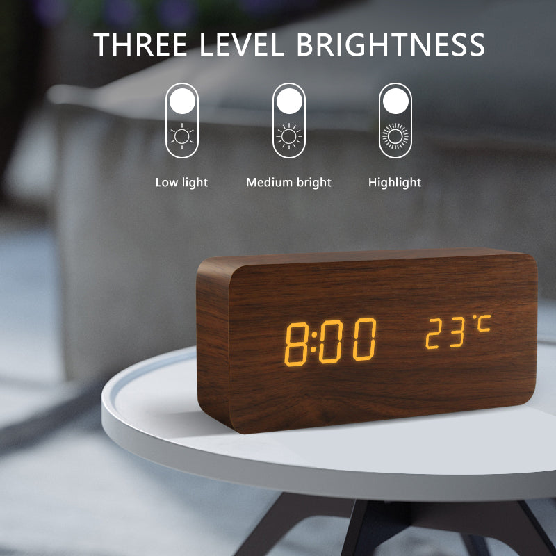 Voice Control LED Wooden Alarm Clock - USB/AAA Powered
