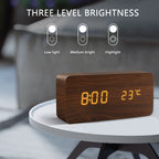 Voice Control LED Wooden Alarm Clock - USB/AAA Powered