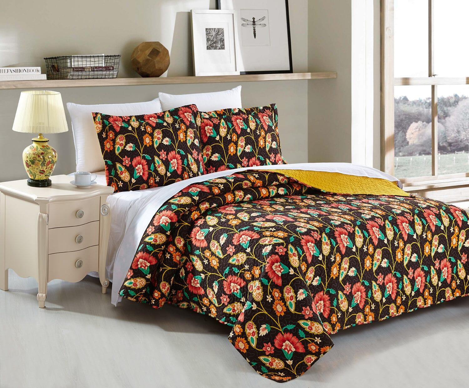 DaDa Bedding Marigold’s Floral Brown Yellow Botanical Garden Quilted Bedspread Set (HS-3330)-2