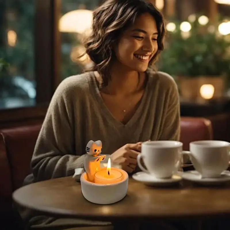 Cute Cat Ceramic Tealight Candle Holder – Cozy Table Decor for Home or Café