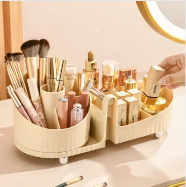 Keep your vanity or desk clutter‑free by storing brushes, lipsticks, and palettes in one rotating organizer.