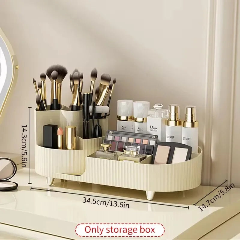 Keep your vanity or desk clutter‑free by storing brushes, lipsticks, and palettes in one rotating organizer.