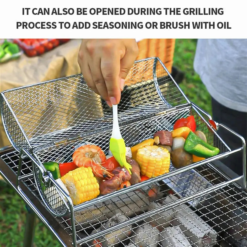 360° Rotating Stainless Steel BBQ Grill Basket with Handle