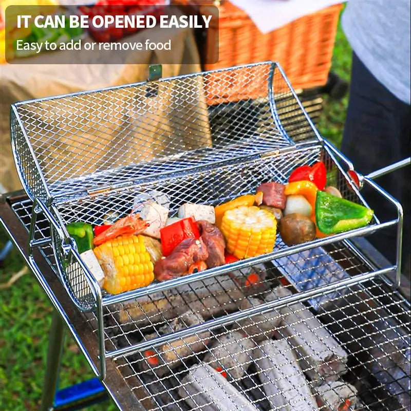 360° Rotating Stainless Steel BBQ Grill Basket with Handle
