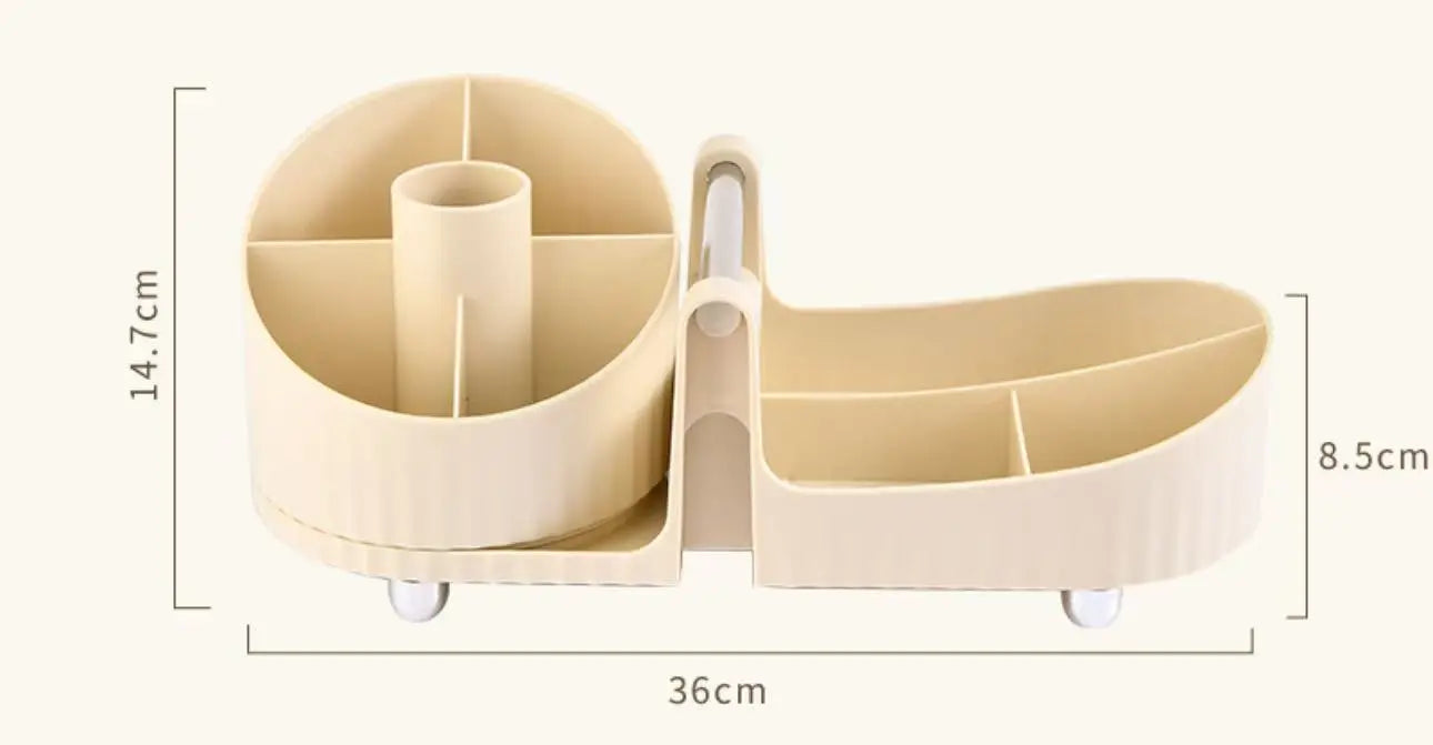 Keep your vanity or desk clutter‑free by storing brushes, lipsticks, and palettes in one rotating organizer.