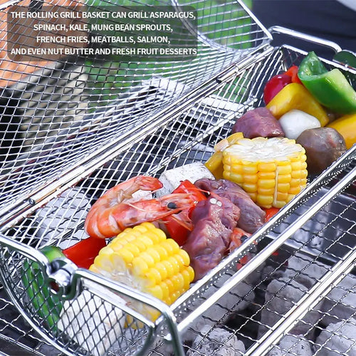 360° Rotating Stainless Steel BBQ Grill Basket with Handle
