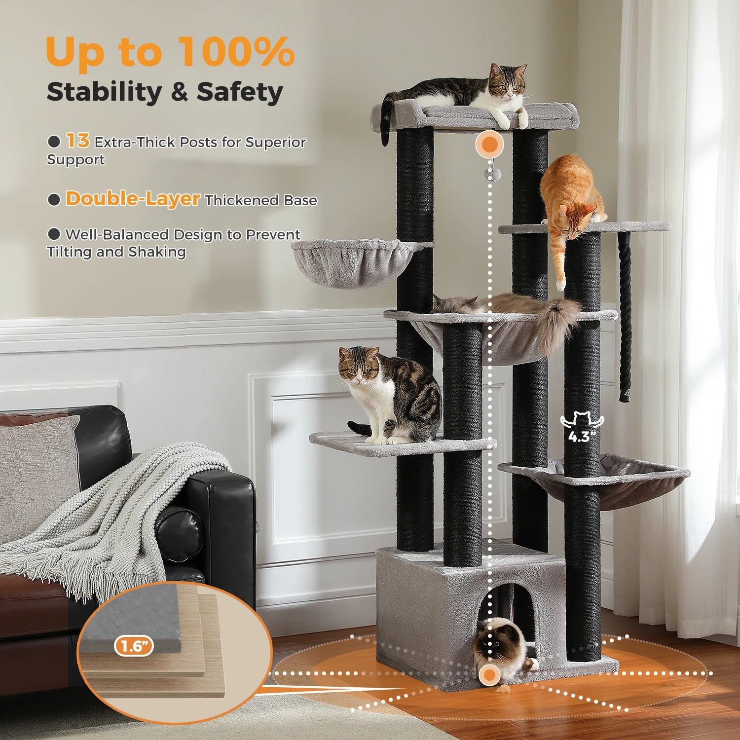 Multi-Level Cat Tree with Scratching Posts for Large Cats