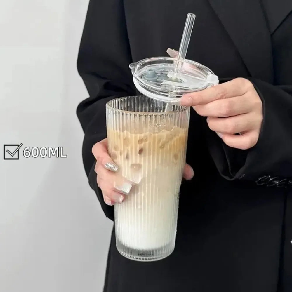 Eco-Friendly 600ml Ribbed Glass Tumbler with Lid & Straw - Stylish Drinkware