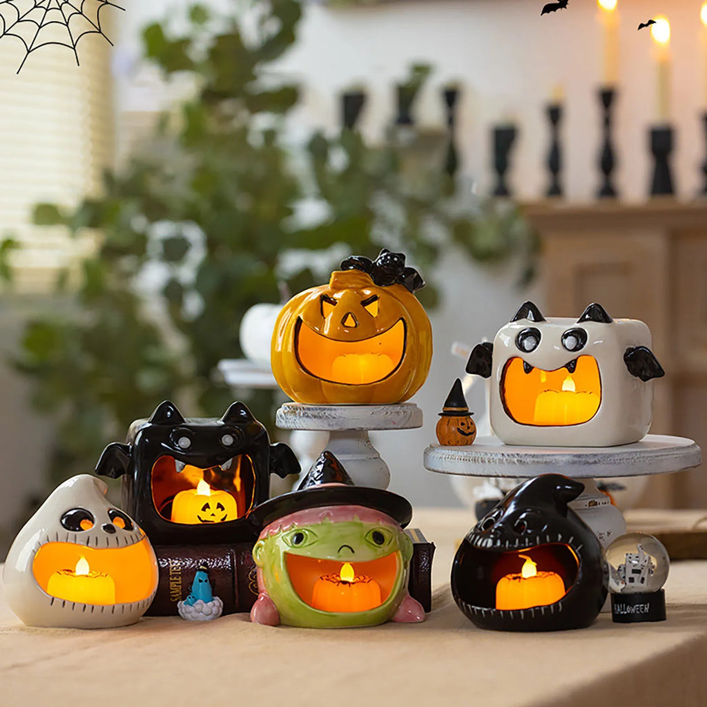 Halloween Candle Holders Set - Pumpkin, Ghost & Bat Decor