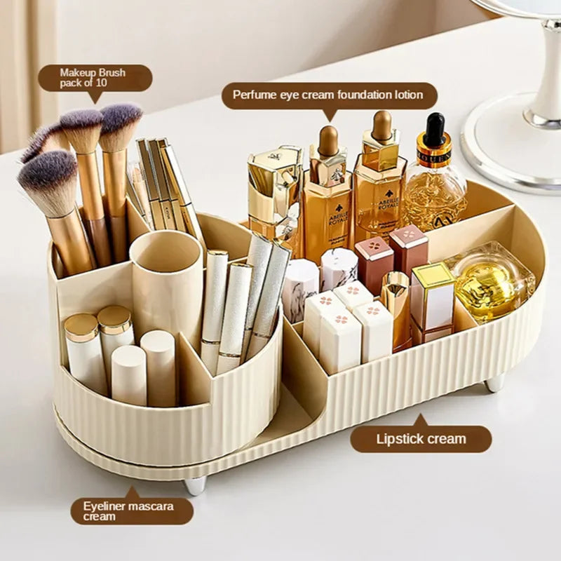 Keep your vanity or desk clutter‑free by storing brushes, lipsticks, and palettes in one rotating organizer.