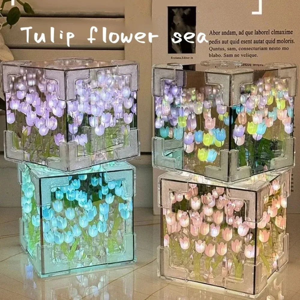 Infinite Tulip Cube Mirror Night Light – Artistic DIY Home Decor Lamp