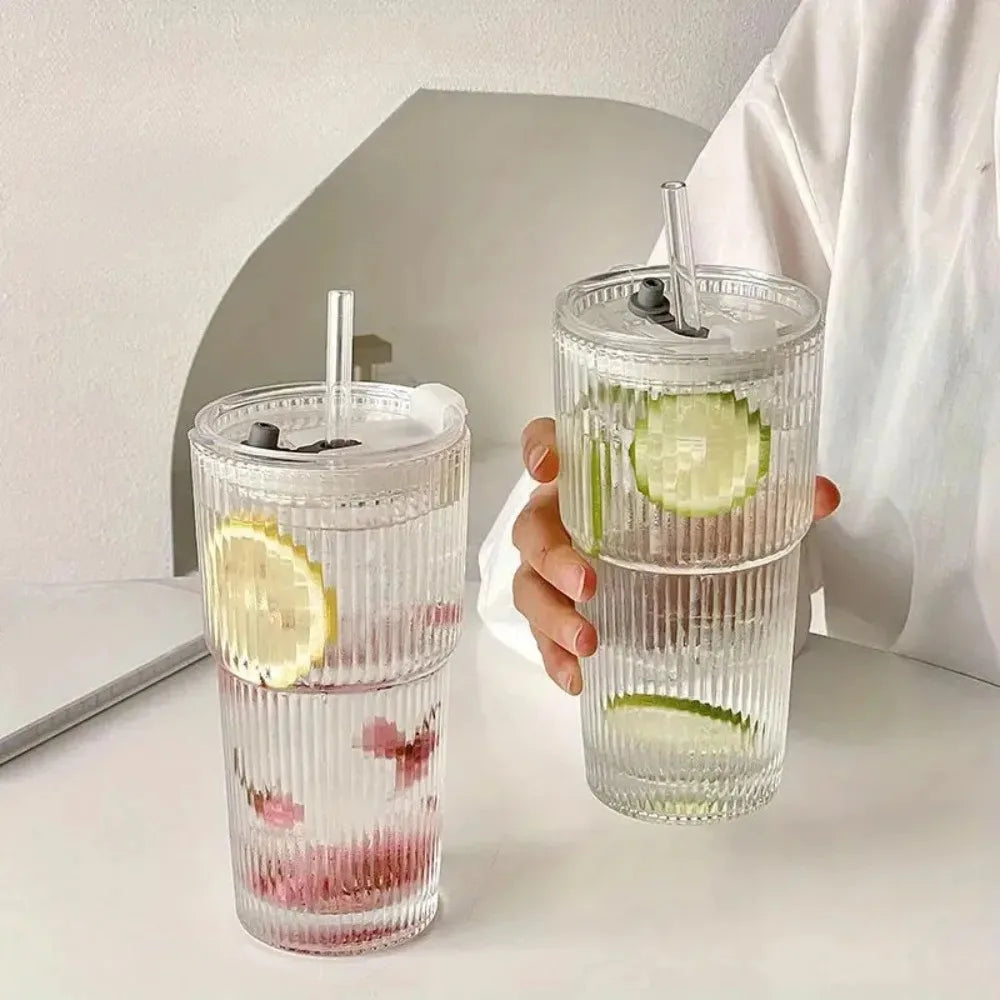 Eco-Friendly 600ml Ribbed Glass Tumbler with Lid & Straw - Stylish Drinkware
