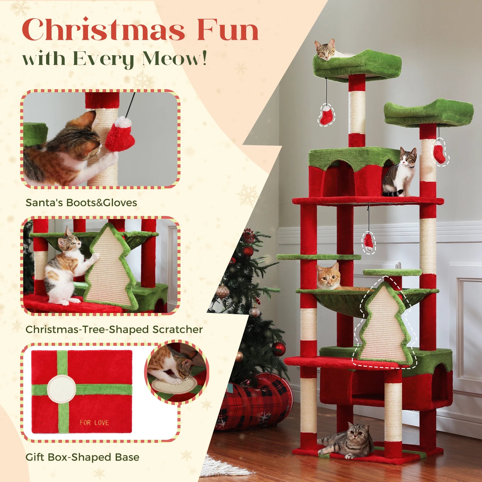 Large Cat Tree with Hammock & Scratching Posts for Indoor Cats