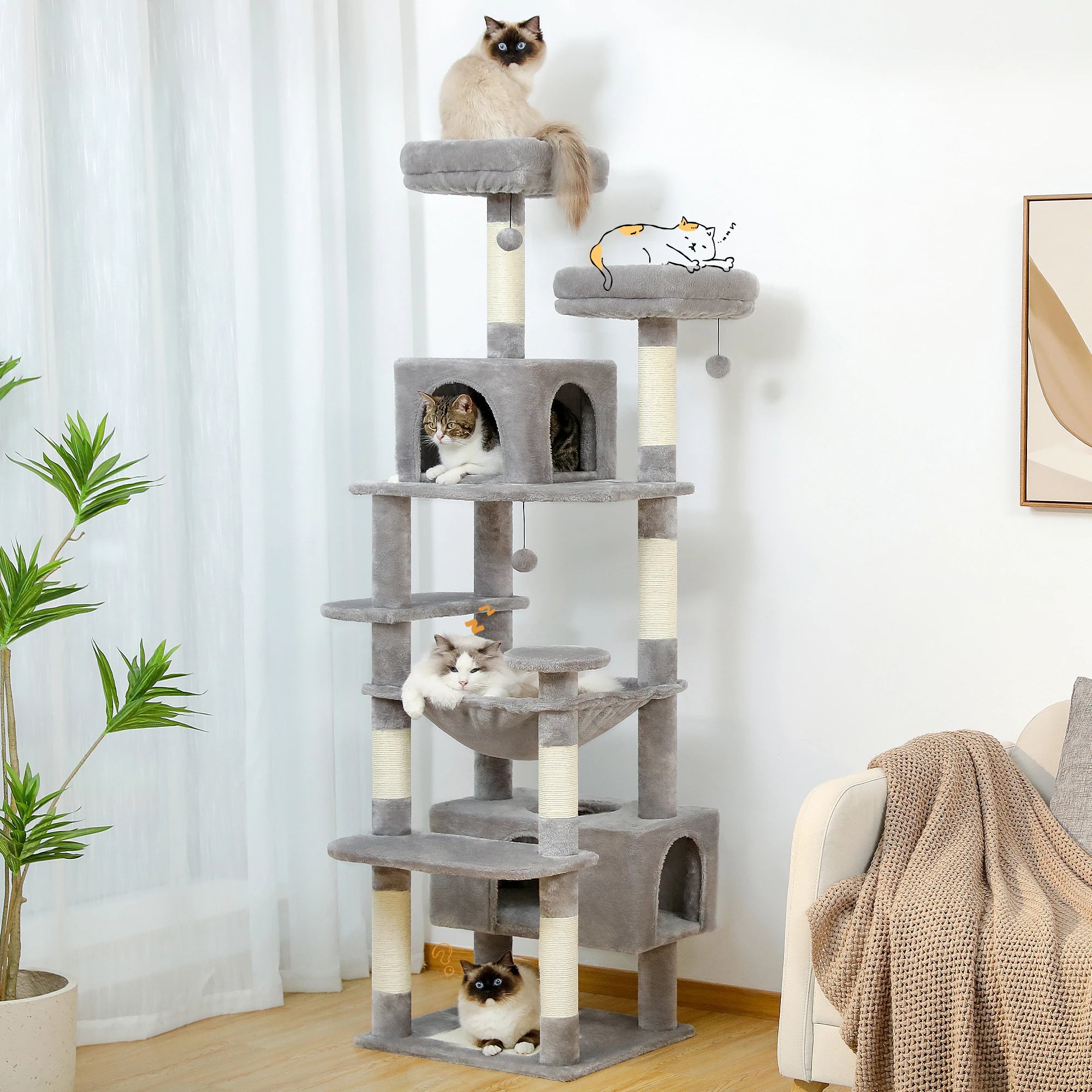 Large Cat Tree with Hammock & Scratching Posts for Indoor Cats
