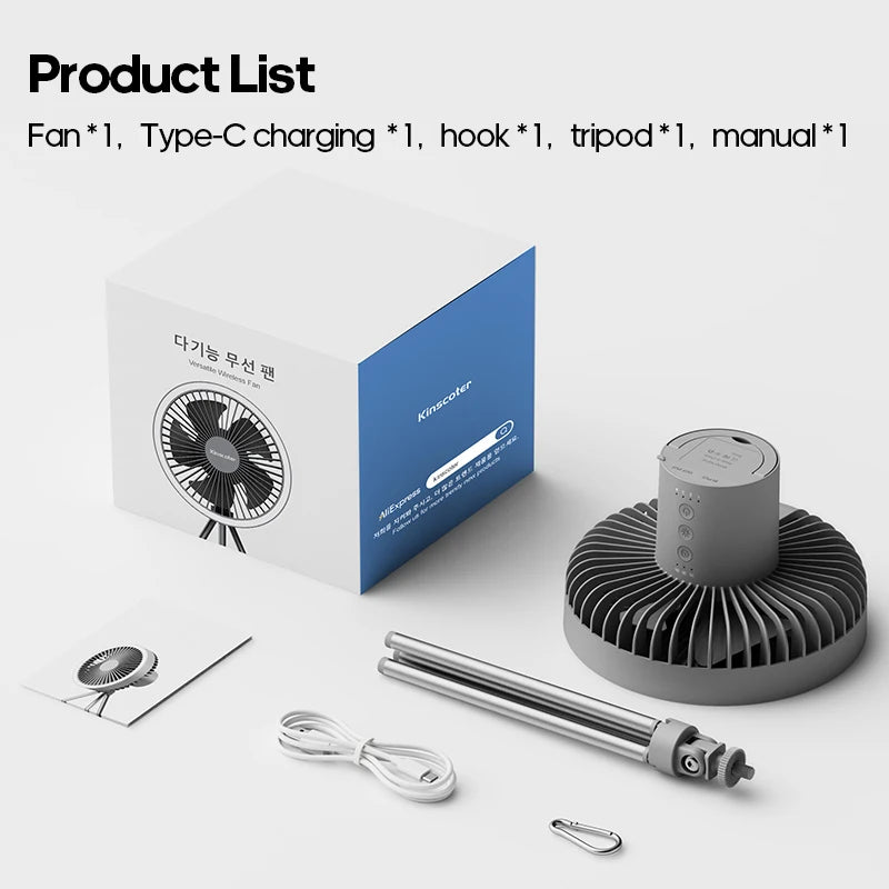 10,000mAh Portable Camping Fan with LED Light & Power Bank