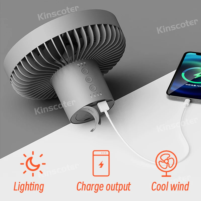 10,000mAh Portable Camping Fan with LED Light & Power Bank