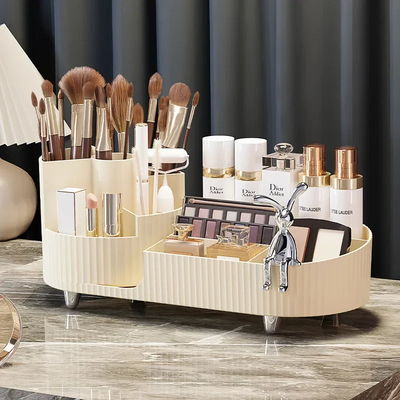 Keep your vanity or desk clutter‑free by storing brushes, lipsticks, and palettes in one rotating organizer.
