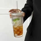 Eco-Friendly 600ml Ribbed Glass Tumbler with Lid & Straw - Stylish Drinkware