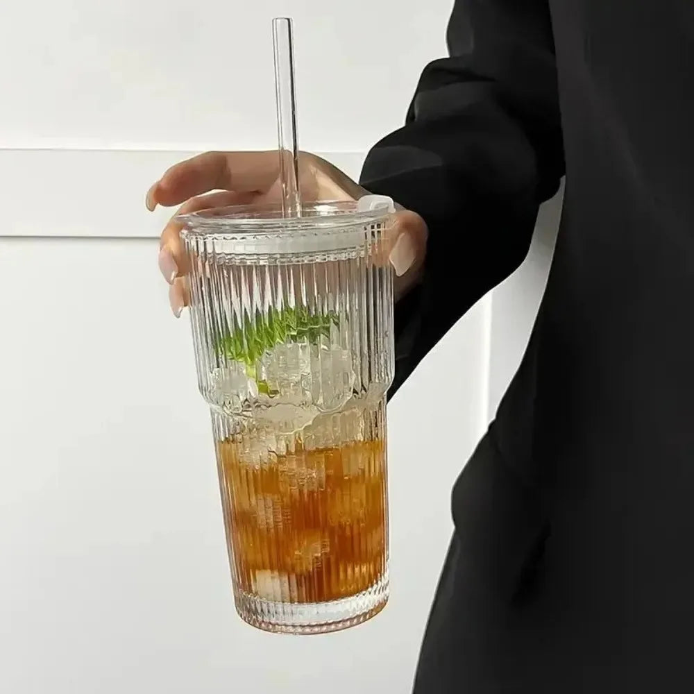 Eco-Friendly 600ml Ribbed Glass Tumbler with Lid & Straw - Stylish Drinkware