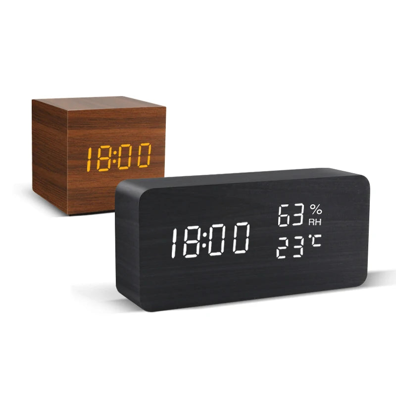 Voice Control LED Wooden Alarm Clock - USB/AAA Powered