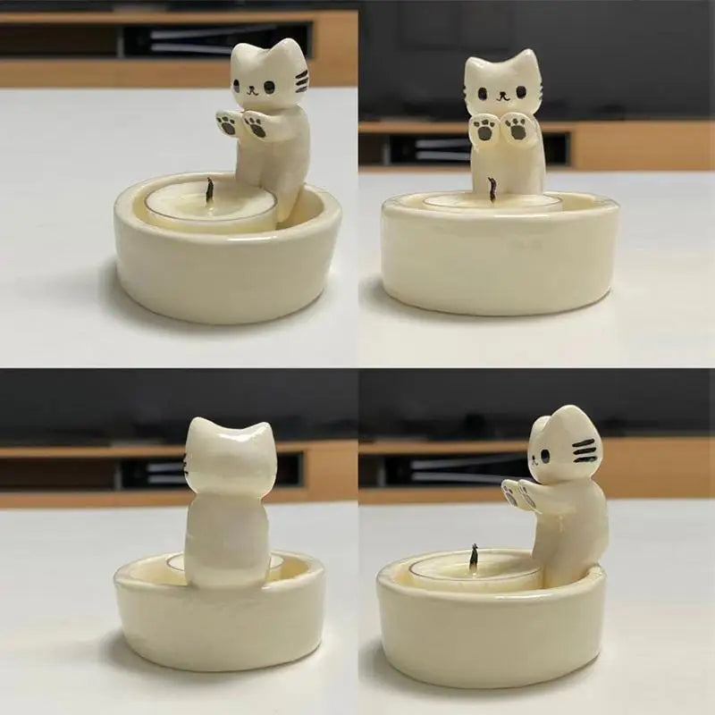 Cute Cat Ceramic Tealight Candle Holder – Cozy Table Decor for Home or Café