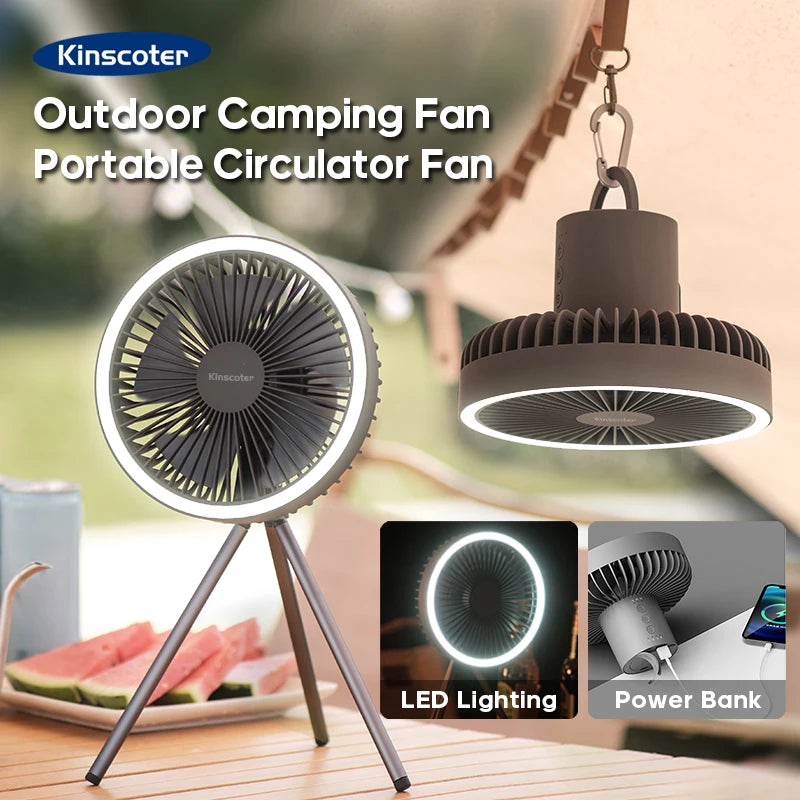 10,000mAh Portable Camping Fan with LED Light & Power Bank