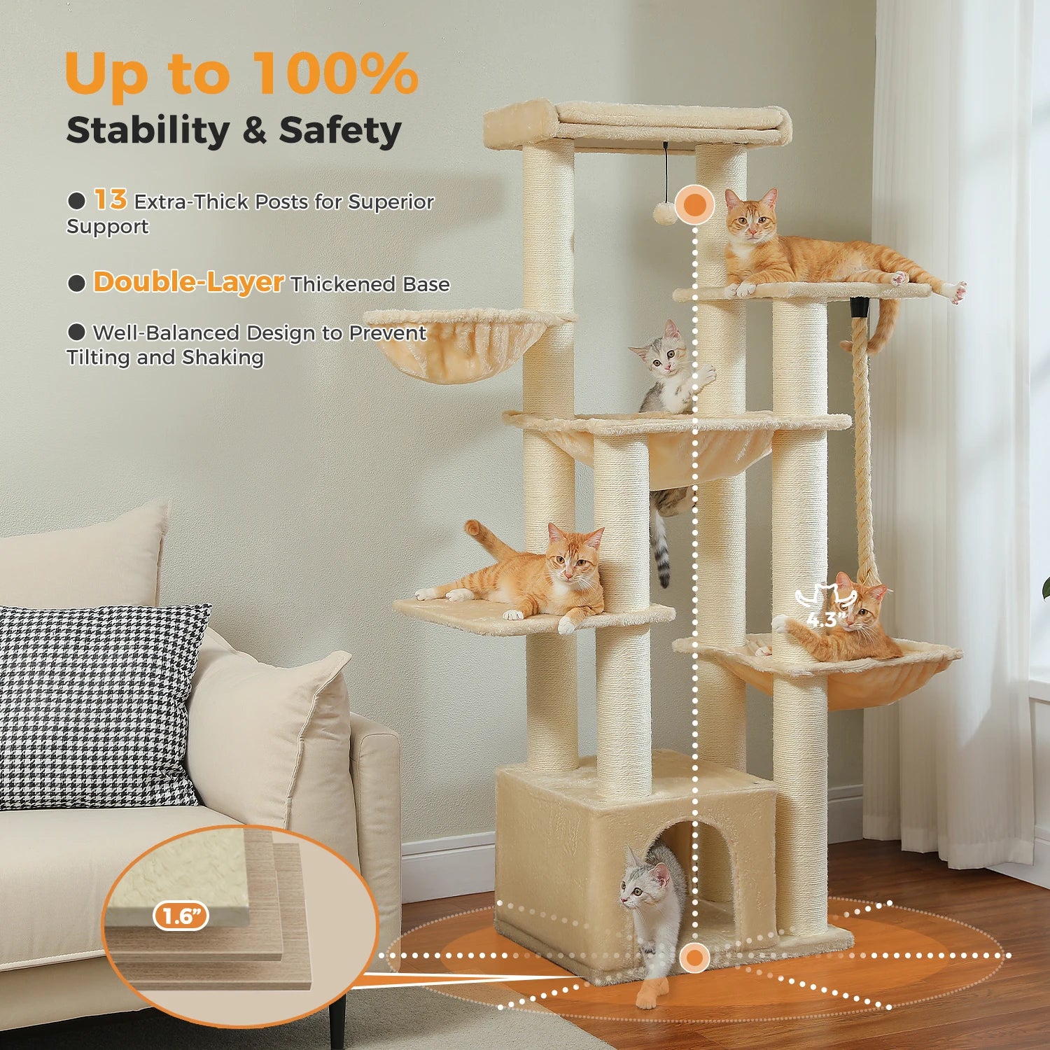Multi-Level Cat Tree with Scratching Posts for Large Cats
