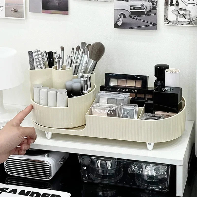 Keep your vanity or desk clutter‑free by storing brushes, lipsticks, and palettes in one rotating organizer.