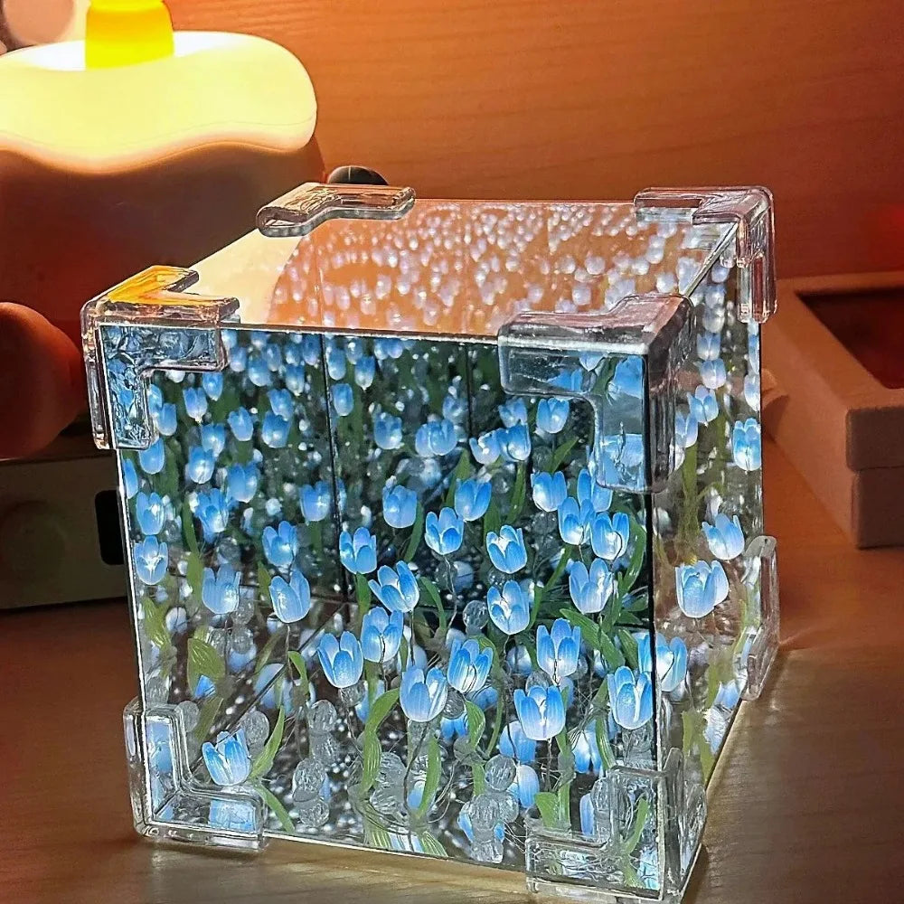 Infinite Tulip Cube Mirror Night Light – Artistic DIY Home Decor Lamp