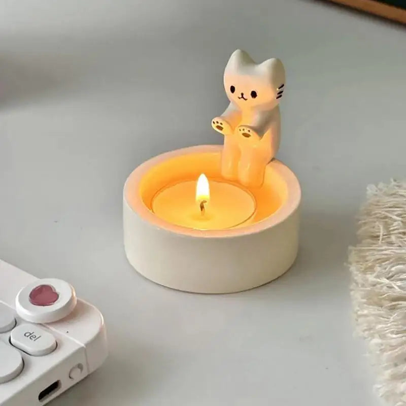 Cute Cat Ceramic Tealight Candle Holder – Cozy Table Decor for Home or Café