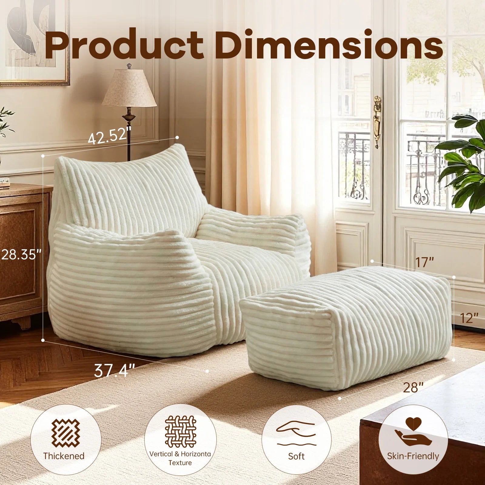 Oversized Bean Bag Lounge Chair with Ottoman