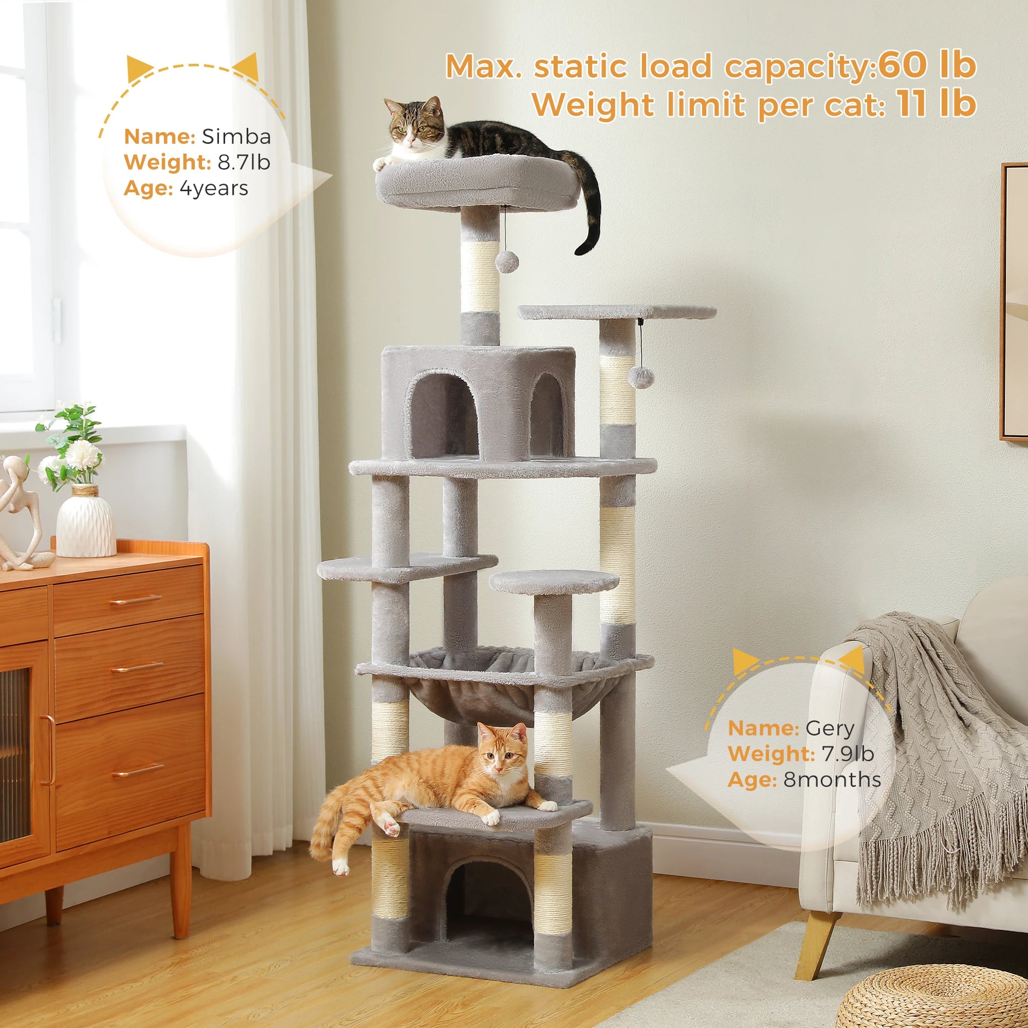 Large Cat Tree with Hammock & Scratching Posts for Indoor Cats