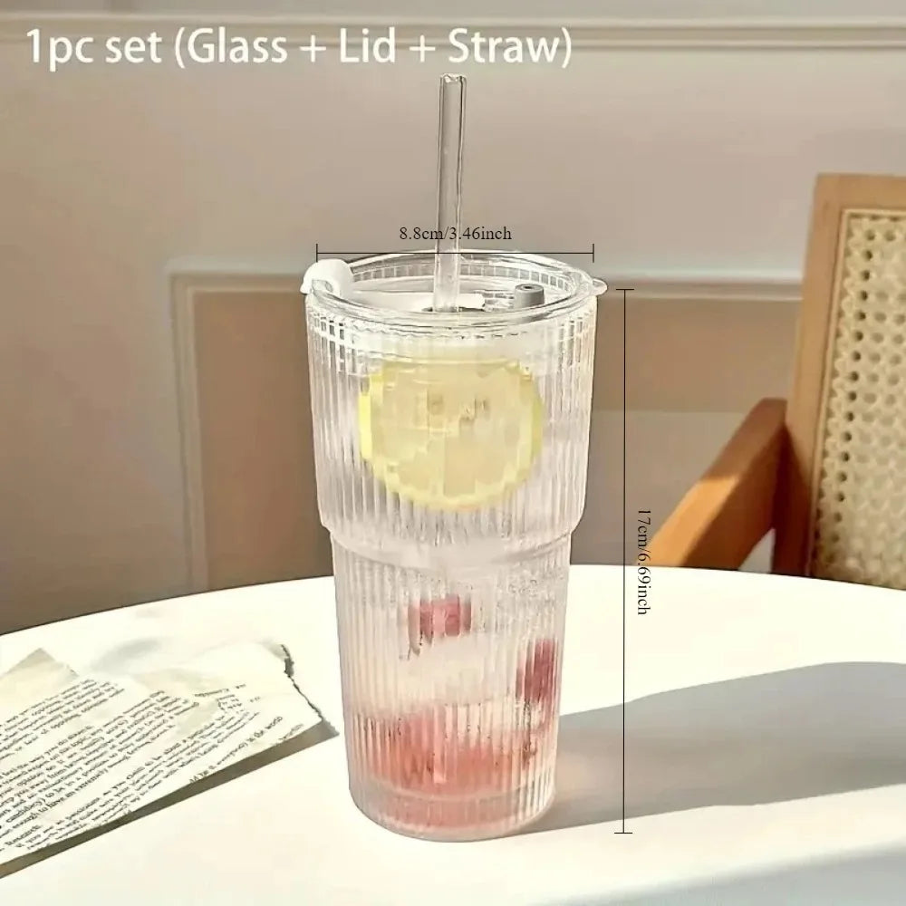 Eco-Friendly 600ml Ribbed Glass Tumbler with Lid & Straw - Stylish Drinkware