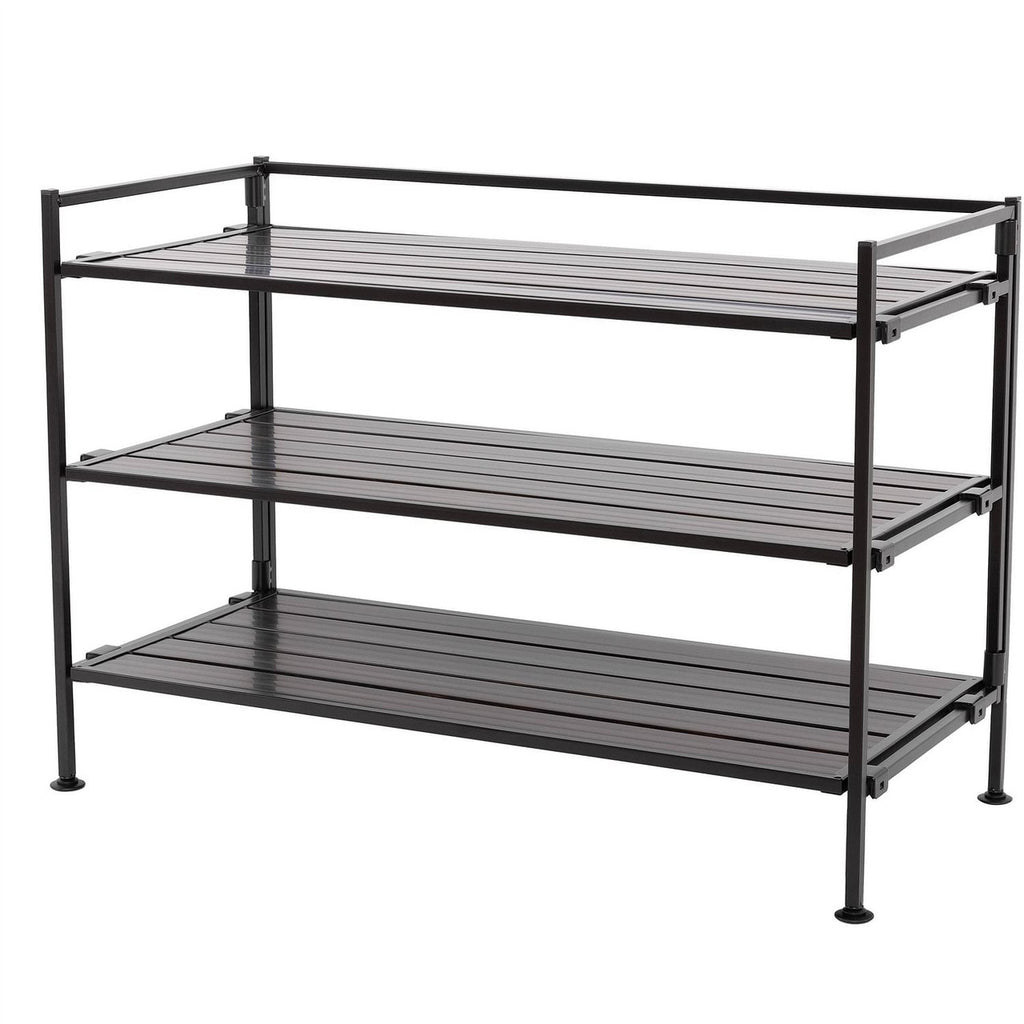 3-Tier Metal Espresso Brown Woodgrain Resin Foldable Stackable Shoe Rack-1