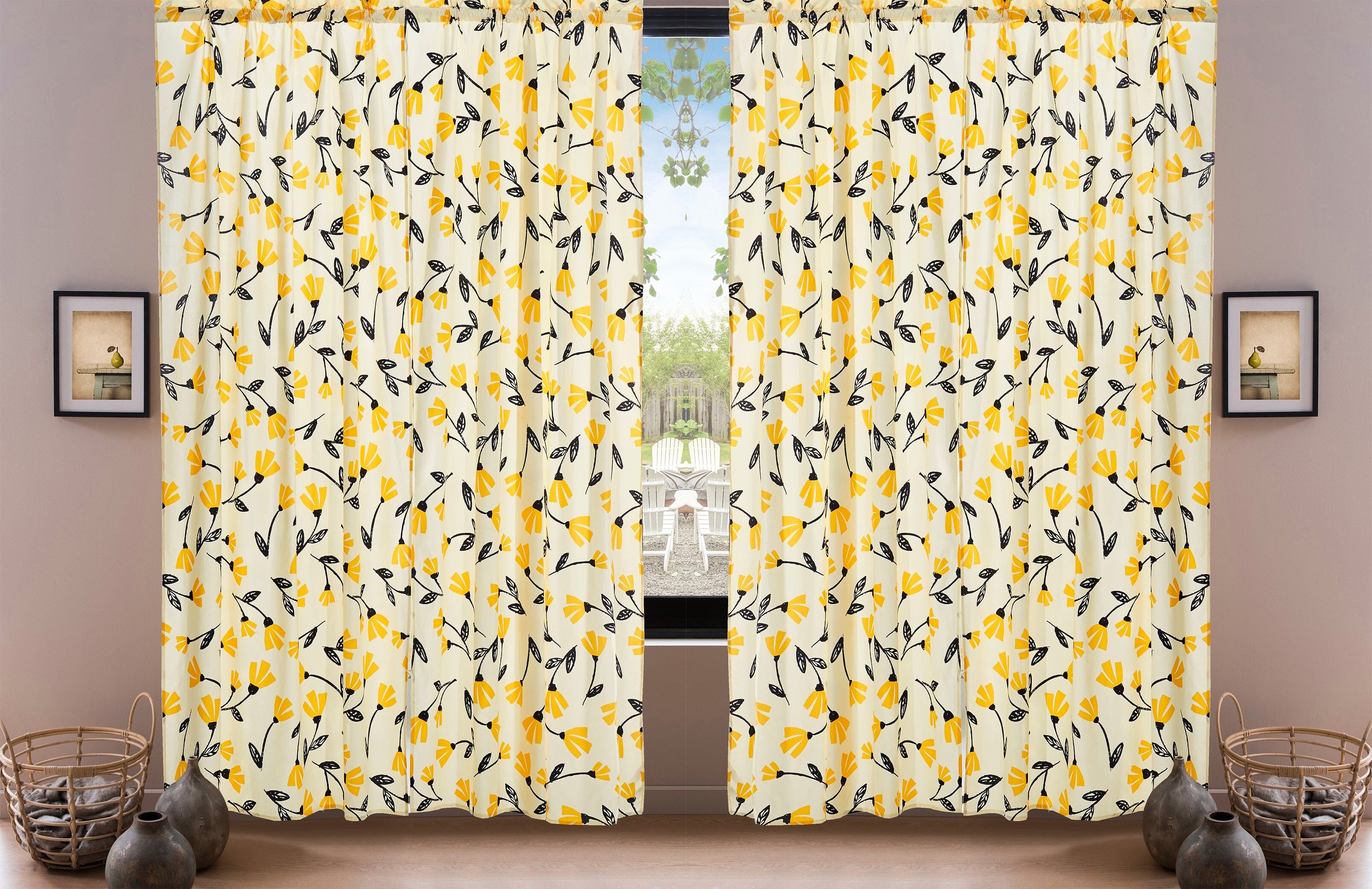 DaDa Bedding Set of 2 Botanical Floral Window Curtain Panels - Natural Semi Sheer Yellow Fleur Golden Orange Spring Time Tulips Straight Tailored Edge-3