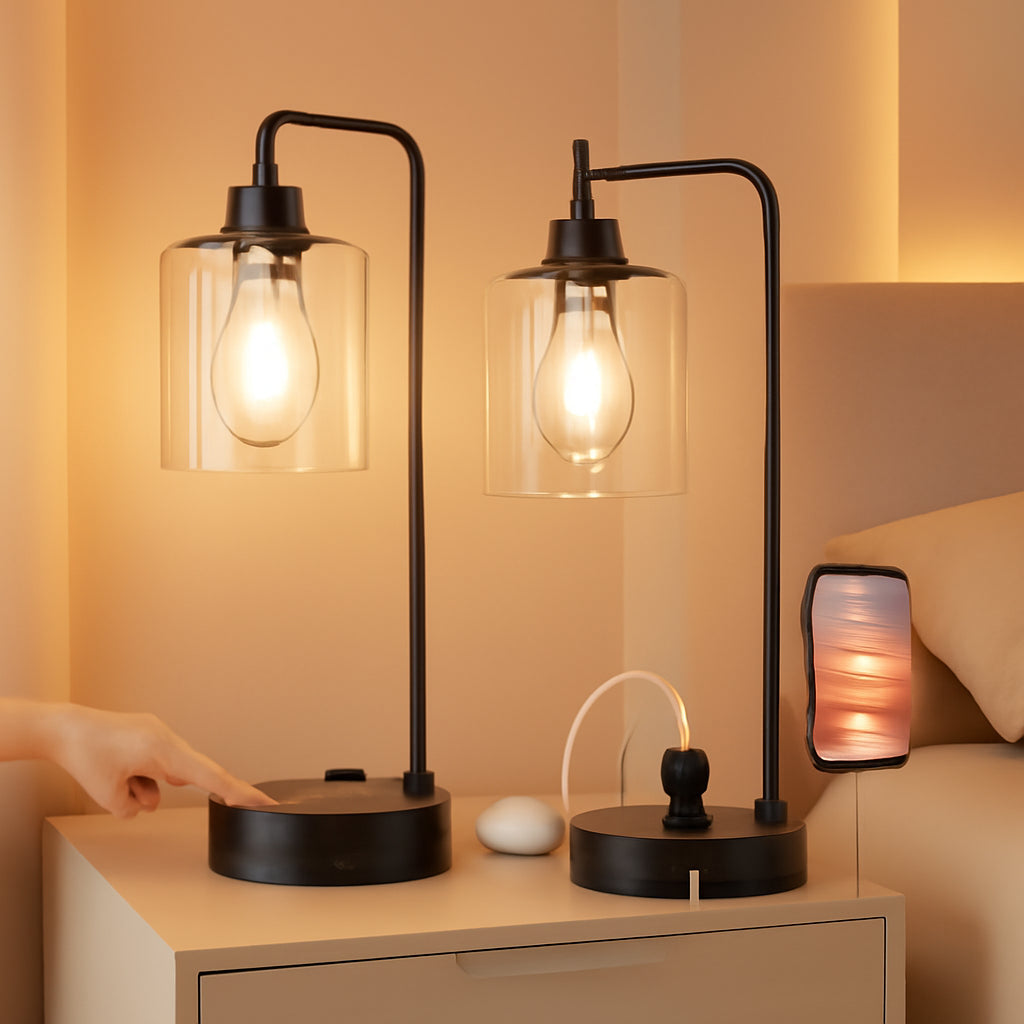 Industrial Touch Table Lamps Bundle Black 3 Way Dimmable USB-0